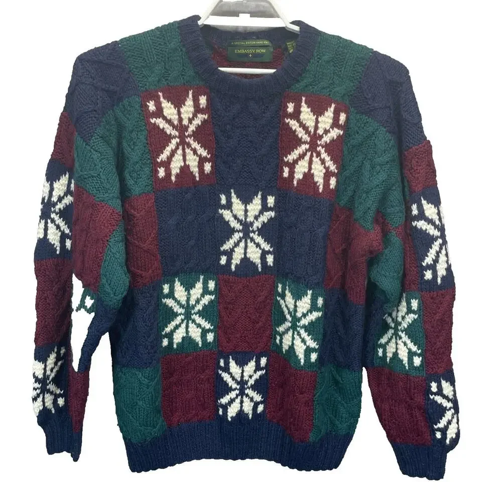 Vtg Embassy Row XL Blue Green Red Wool Sweater Color Block Cable Knit Crew Men's